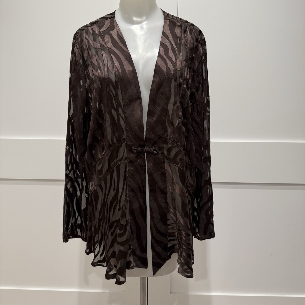 Chico's Sheer Brown Animal Print Frog Button Closure Blouse Jacket Zebra SZ 3 XL